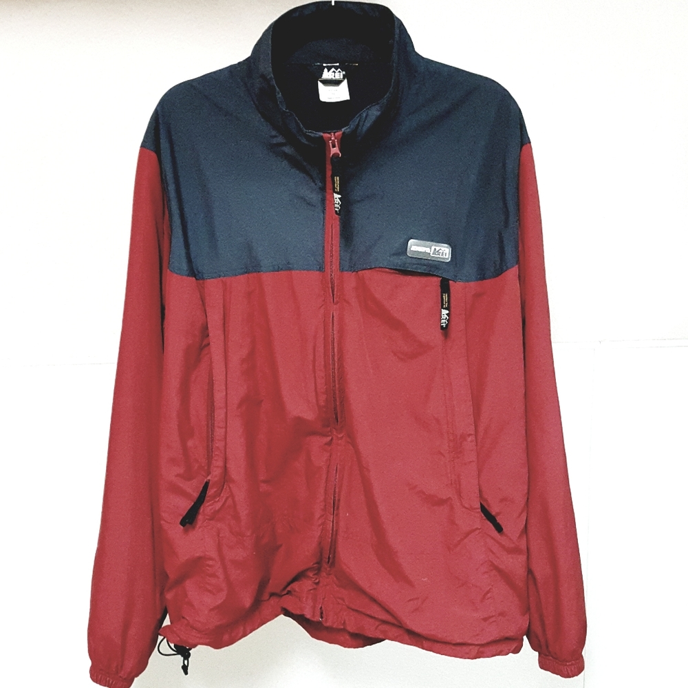 XL REI VINTAGE CHARCOAL & BURGUNDY TWO-TIME HOODED OUTDOOR ACTIVITY JACKET